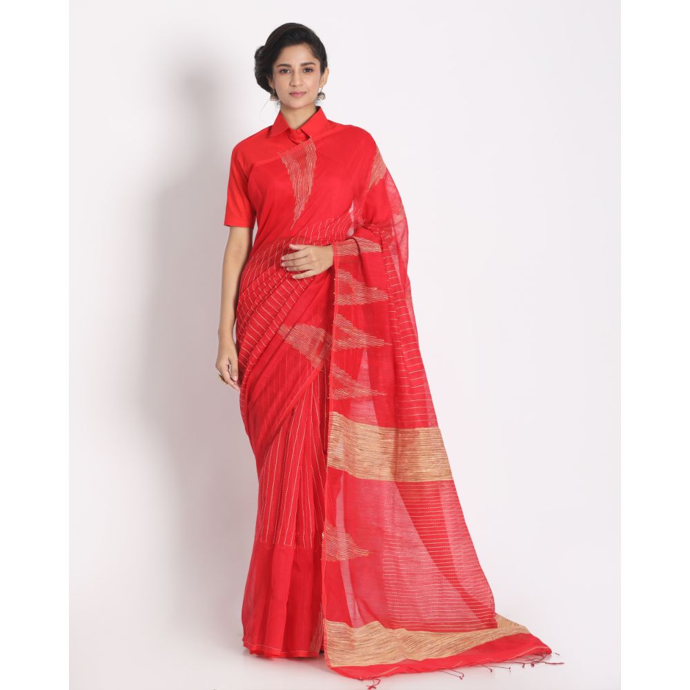 Women's Red Cotton Blend Handloom Jamdani Saree