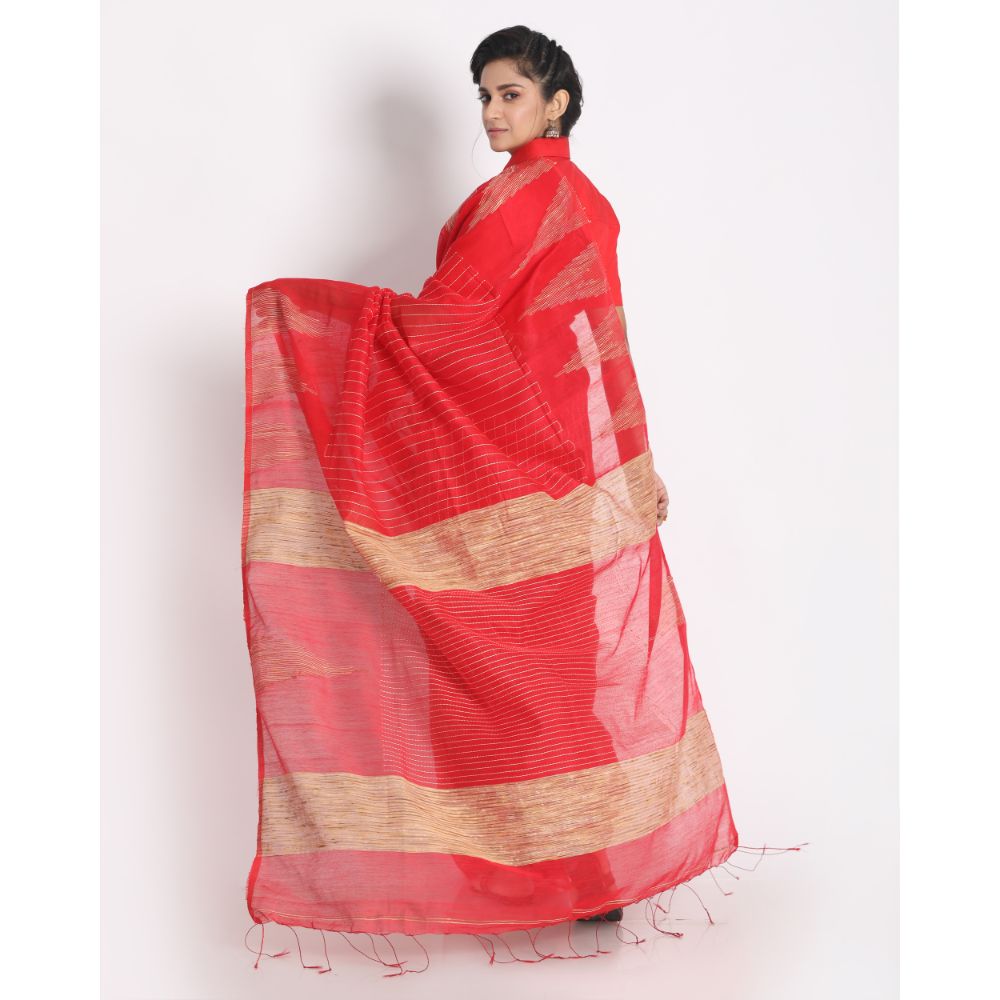 Women's Red Cotton Blend Handloom Jamdani Saree
