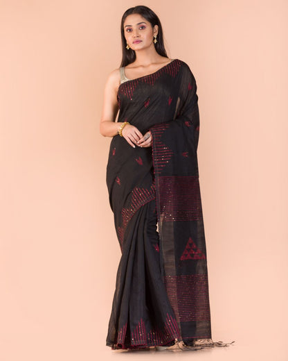 Women's Black Cotton Blend Handloom Jamdani Saree