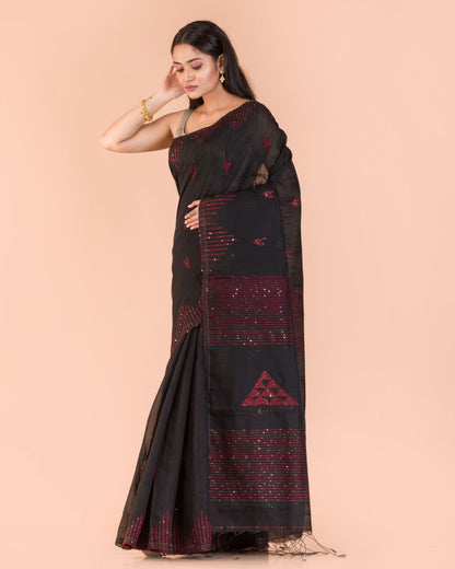 Women's Black Cotton Blend Handloom Jamdani Saree