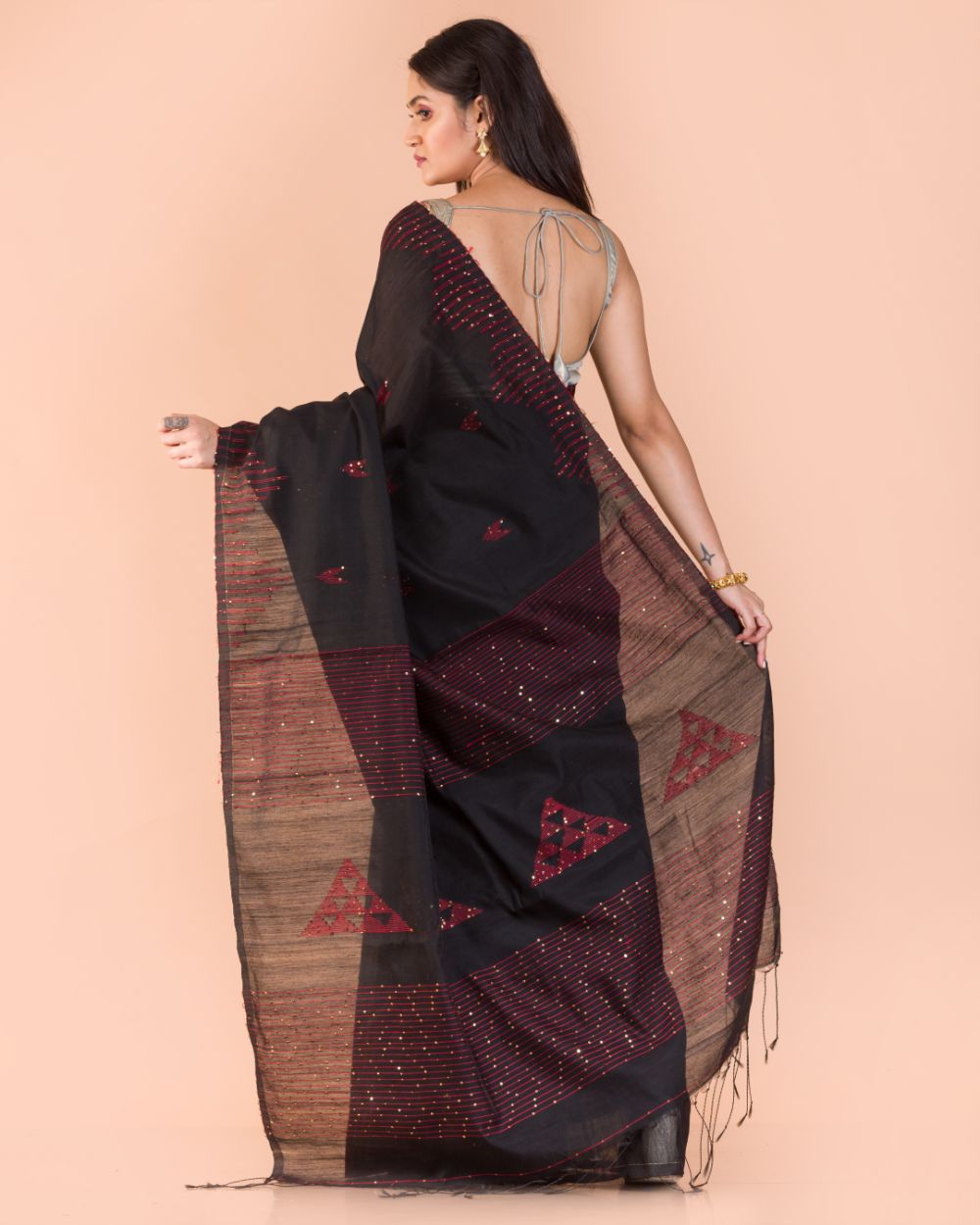 Women's Black Cotton Blend Handloom Jamdani Saree