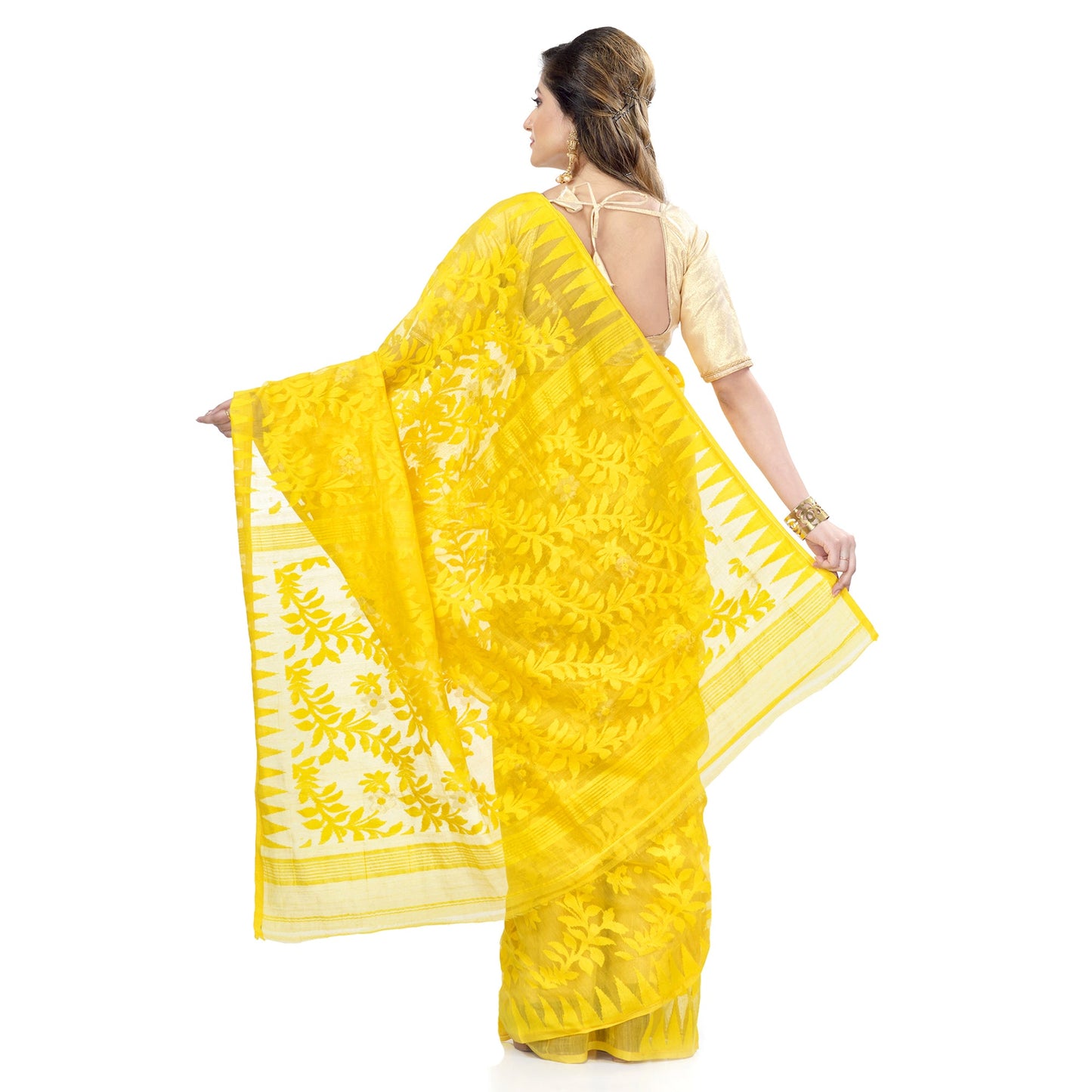 Women's Cotton Blend Handloom Yellow Jamdani Saree