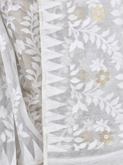Women's Cotton Blend Handloom White Jamdani Saree