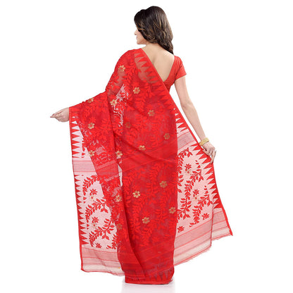 Women's Cotton Blend Handloom Red White Jamdani Saree
