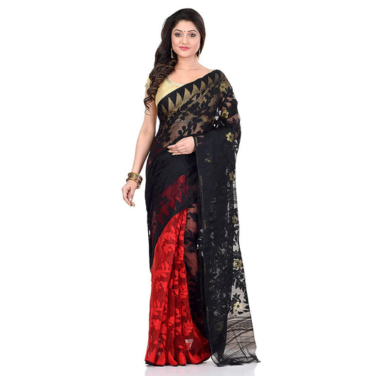 Women's Cotton Blend Handloom Black Red Jamdani Saree