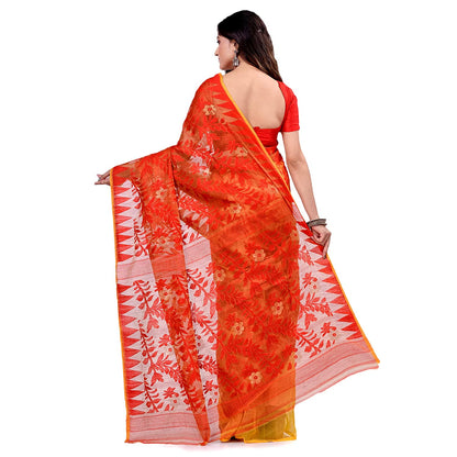 Women's Cotton Blend Handloom Yellow Orange Jamdani Saree