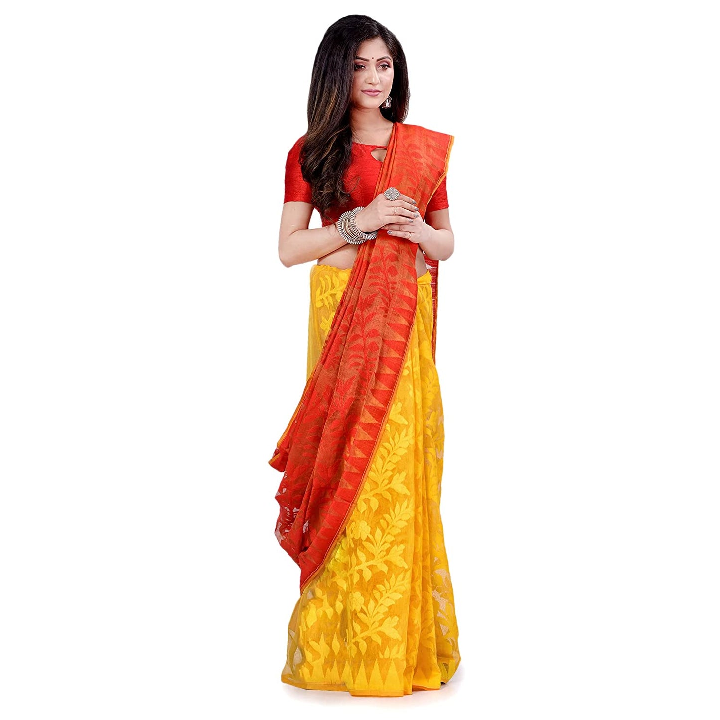 Women's Cotton Blend Handloom Yellow Orange Jamdani Saree
