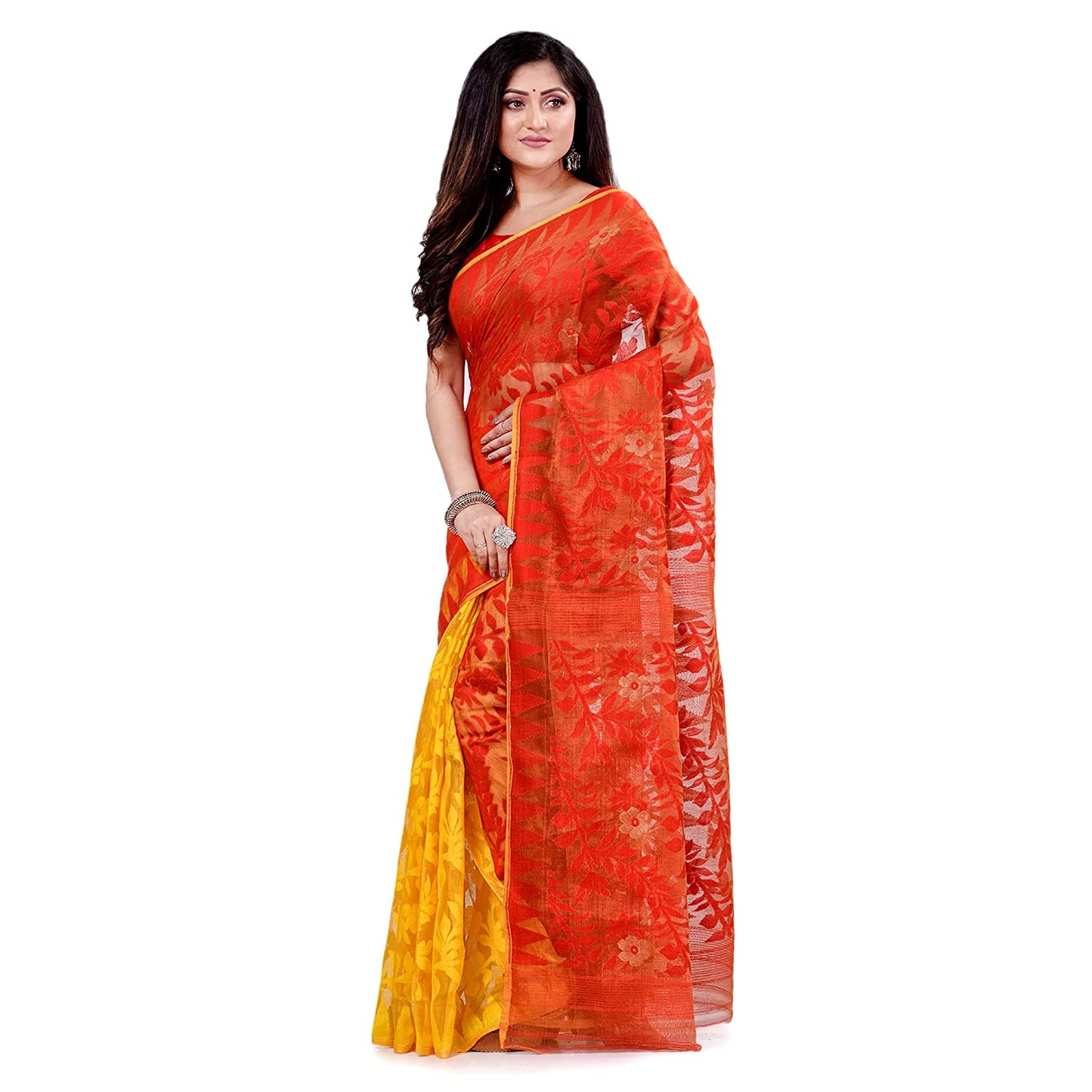 Women's Cotton Blend Handloom Yellow Orange Jamdani Saree
