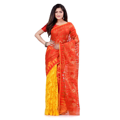 Women's Cotton Blend Handloom Yellow Orange Jamdani Saree