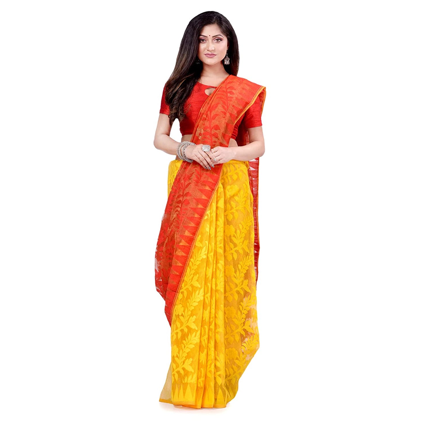 Women's Cotton Blend Handloom Yellow Orange Jamdani Saree