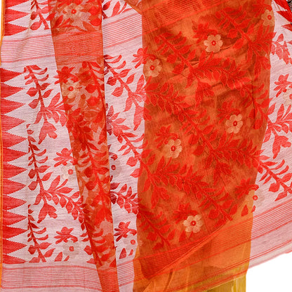 Women's Cotton Blend Handloom Yellow Orange Jamdani Saree