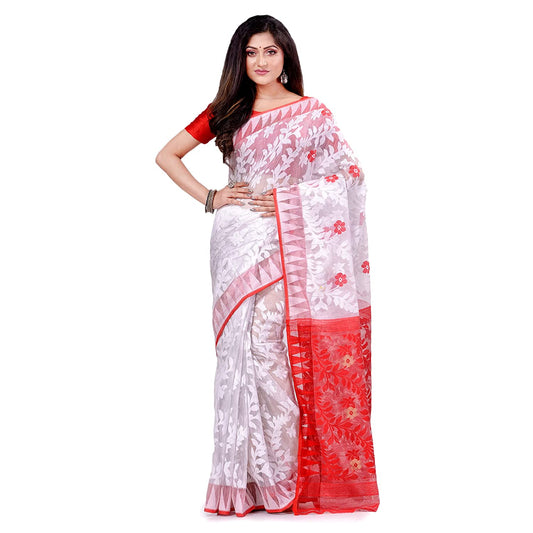 Women's Cotton Blend Handloom White Jamdani Saree