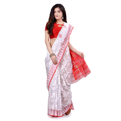 Women's Cotton Blend Handloom White Jamdani Saree