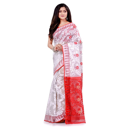 Women's Cotton Blend Handloom White Jamdani Saree