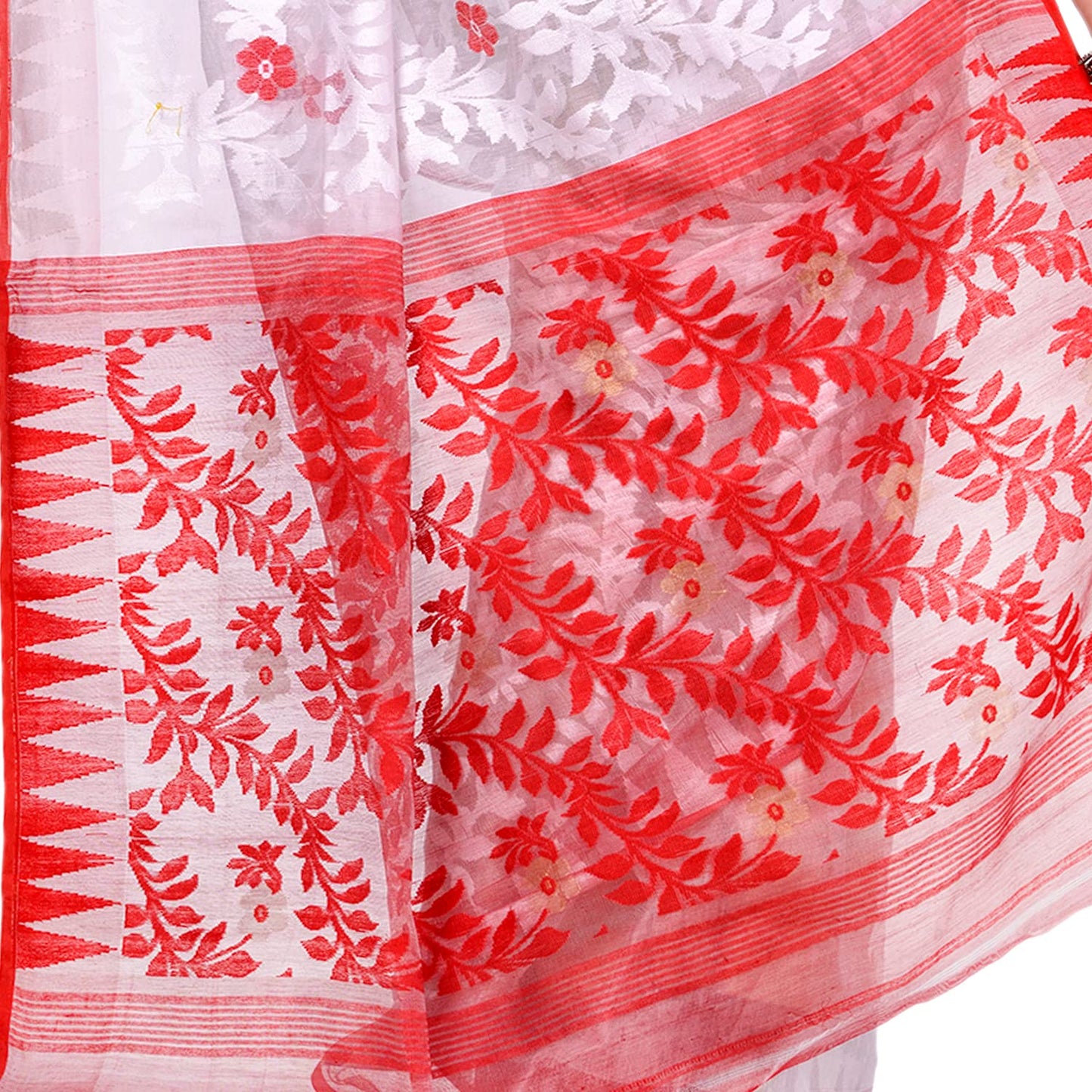 Women's Cotton Blend Handloom White Jamdani Saree