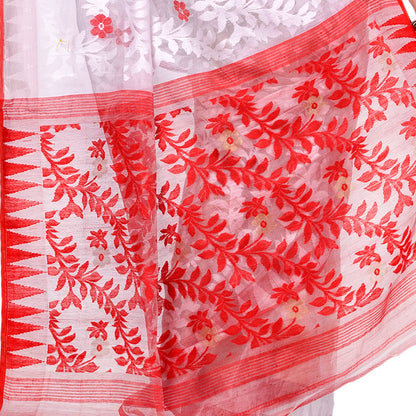 Women's Cotton Blend Handloom White Jamdani Saree