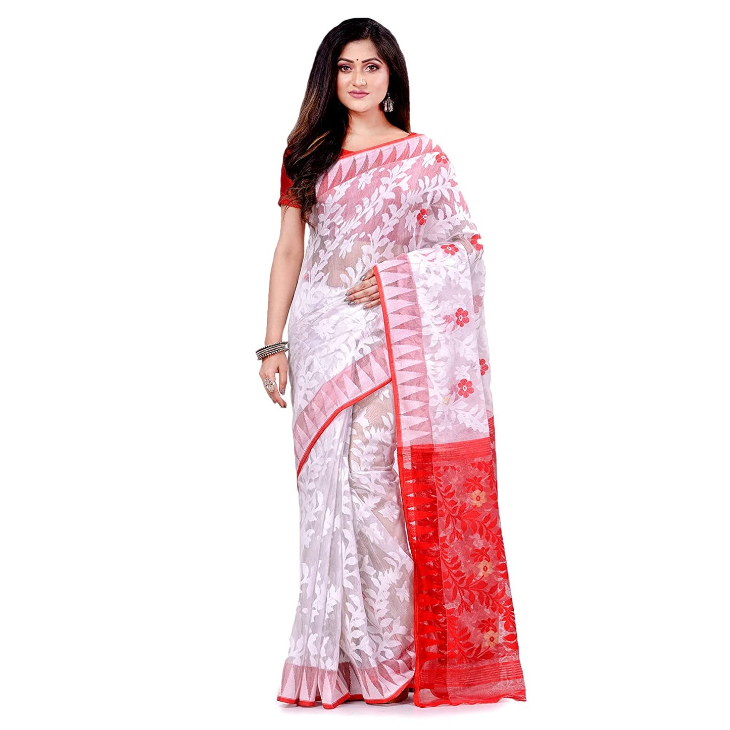 Women's Cotton Blend Handloom White Jamdani Saree