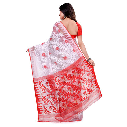 Women's Cotton Blend Handloom White Jamdani Saree