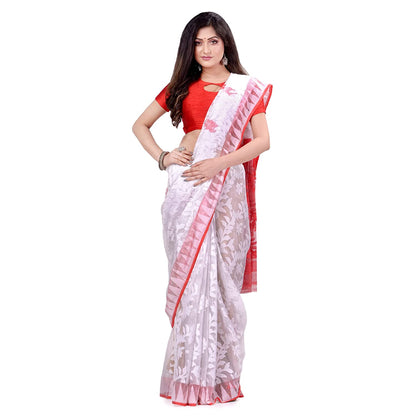 Women's Cotton Blend Handloom White Jamdani Saree