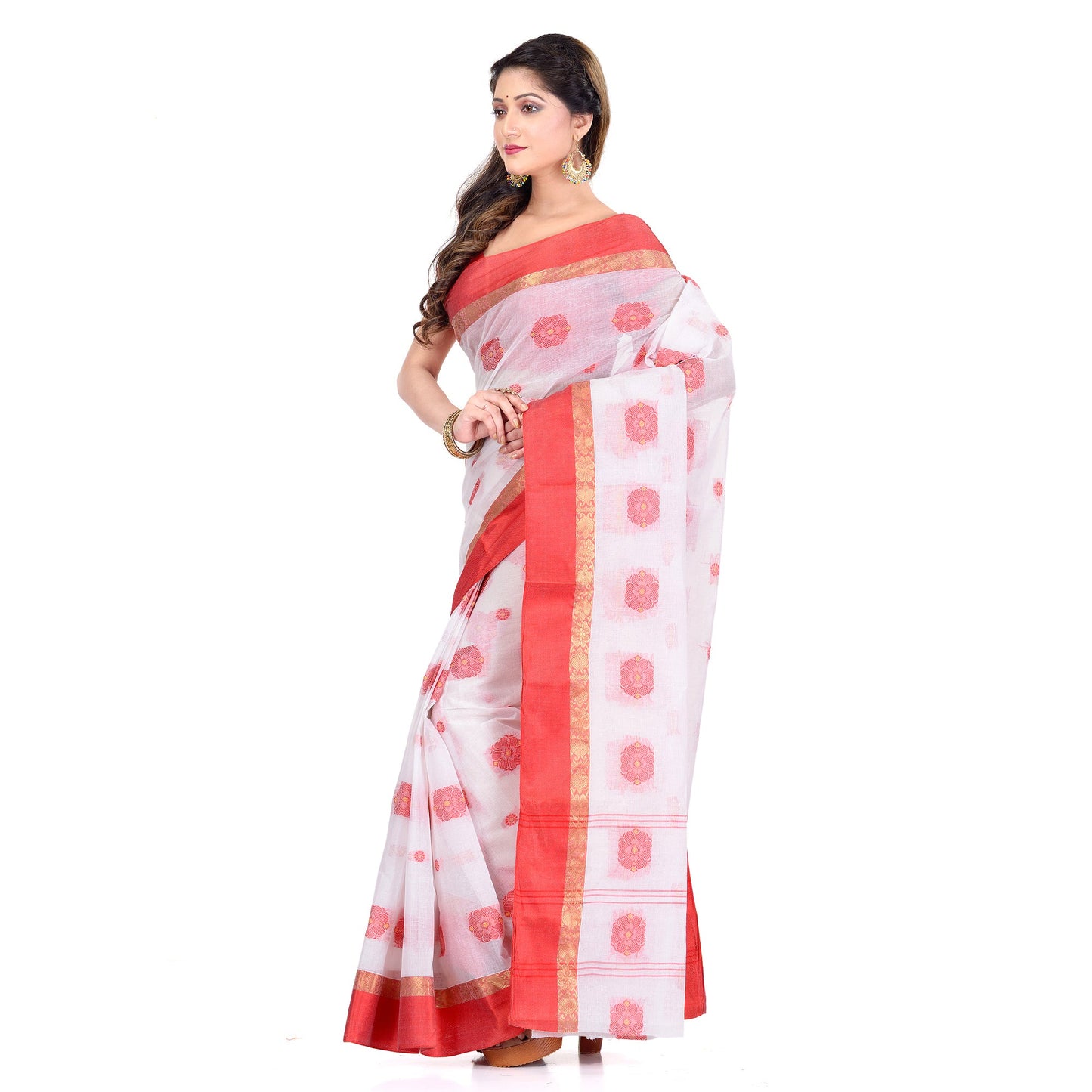 Women's Handloom Cotton White Tant Saree
