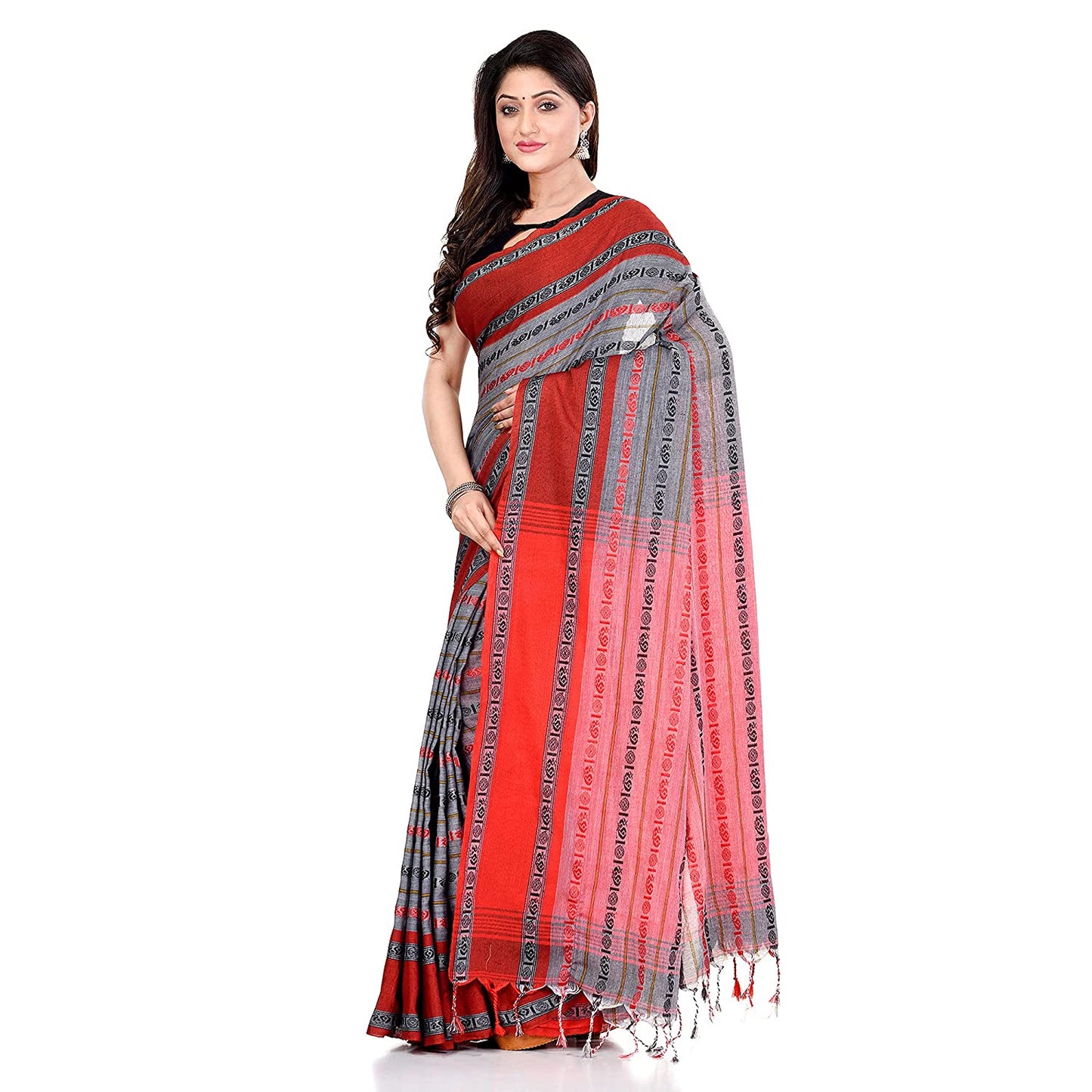 Women's Handwoven Grey Dhaniakhali Cotton Saree