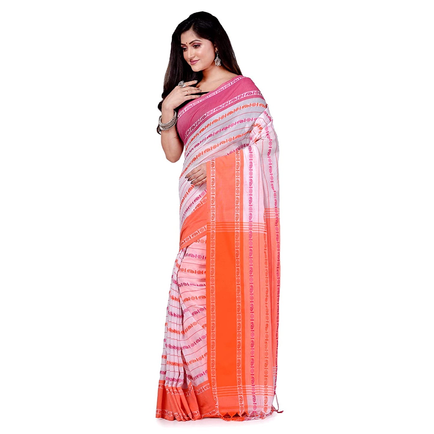Women's Handwoven White Dhaniakhali Cotton Saree
