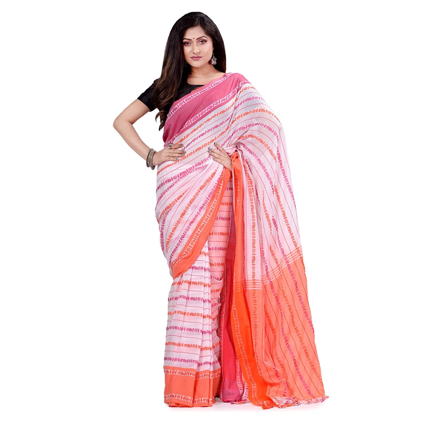 Women's Handwoven White Dhaniakhali Cotton Saree