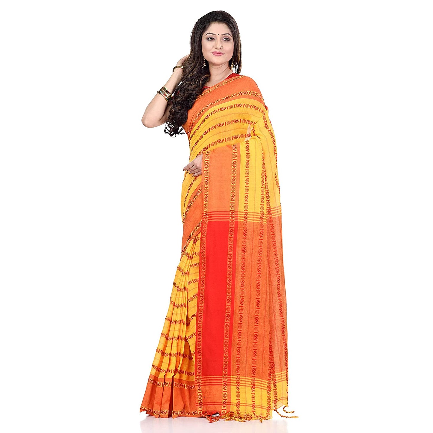 Women's Handwoven Yellow Dhaniakhali Cotton Saree