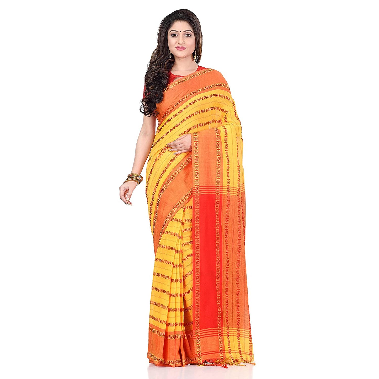 Women's Handwoven Yellow Dhaniakhali Cotton Saree