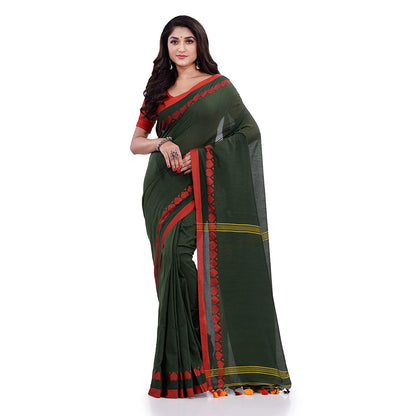 Women's Handspun Cotton Dark Green Handloom Tangail Saree