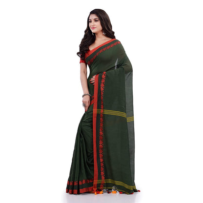 Women's Handspun Cotton Dark Green Handloom Tangail Saree