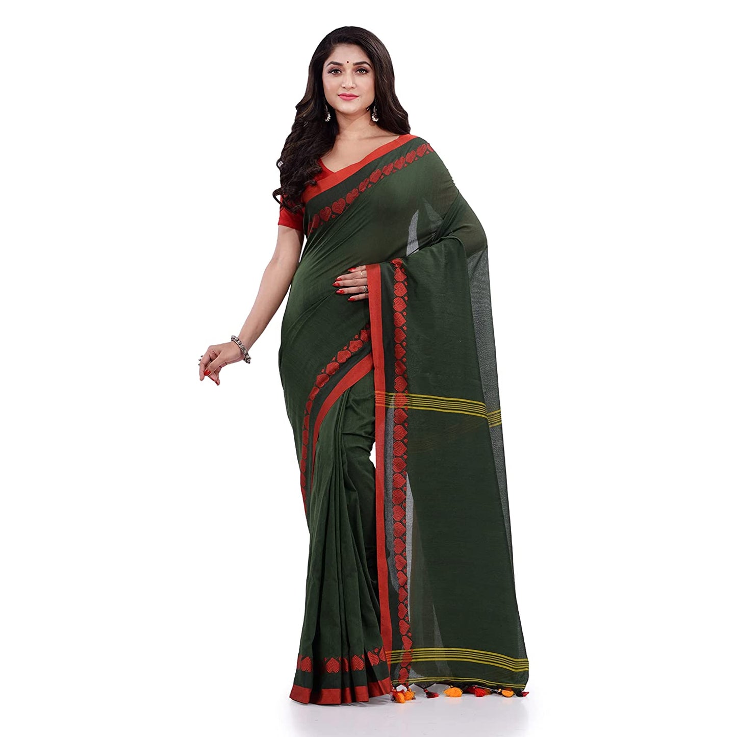 Women's Handspun Cotton Dark Green Handloom Tangail Saree