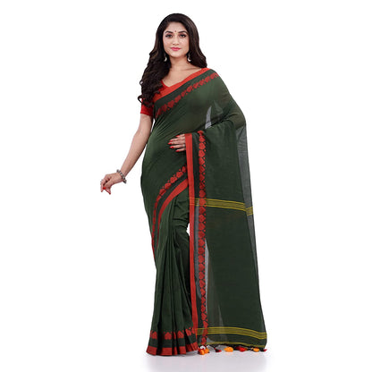 Women's Handspun Cotton Dark Green Handloom Tangail Saree