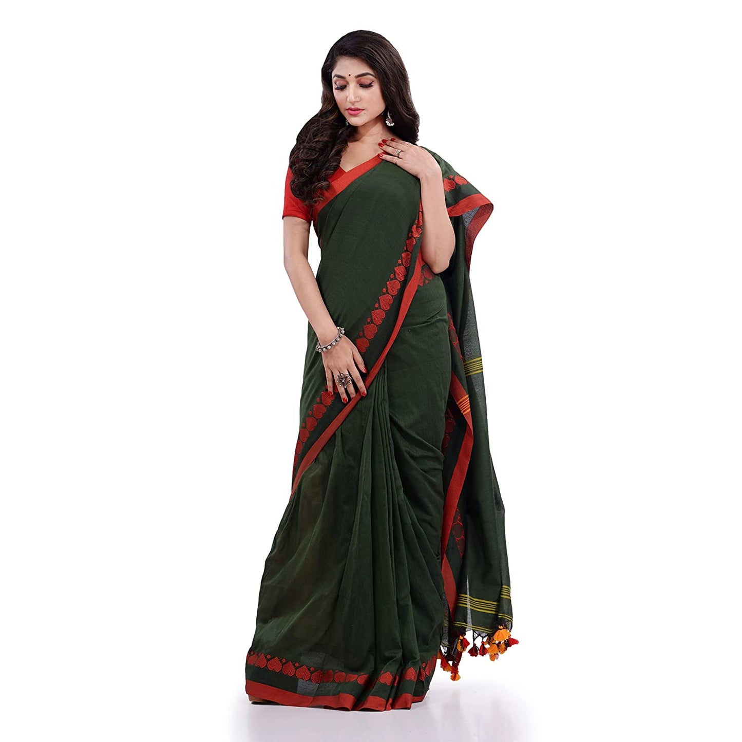 Women's Handspun Cotton Dark Green Handloom Tangail Saree