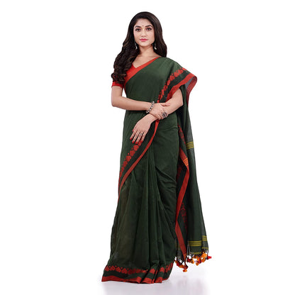 Women's Handspun Cotton Dark Green Handloom Tangail Saree