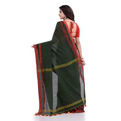 Women's Handspun Cotton Dark Green Handloom Tangail Saree