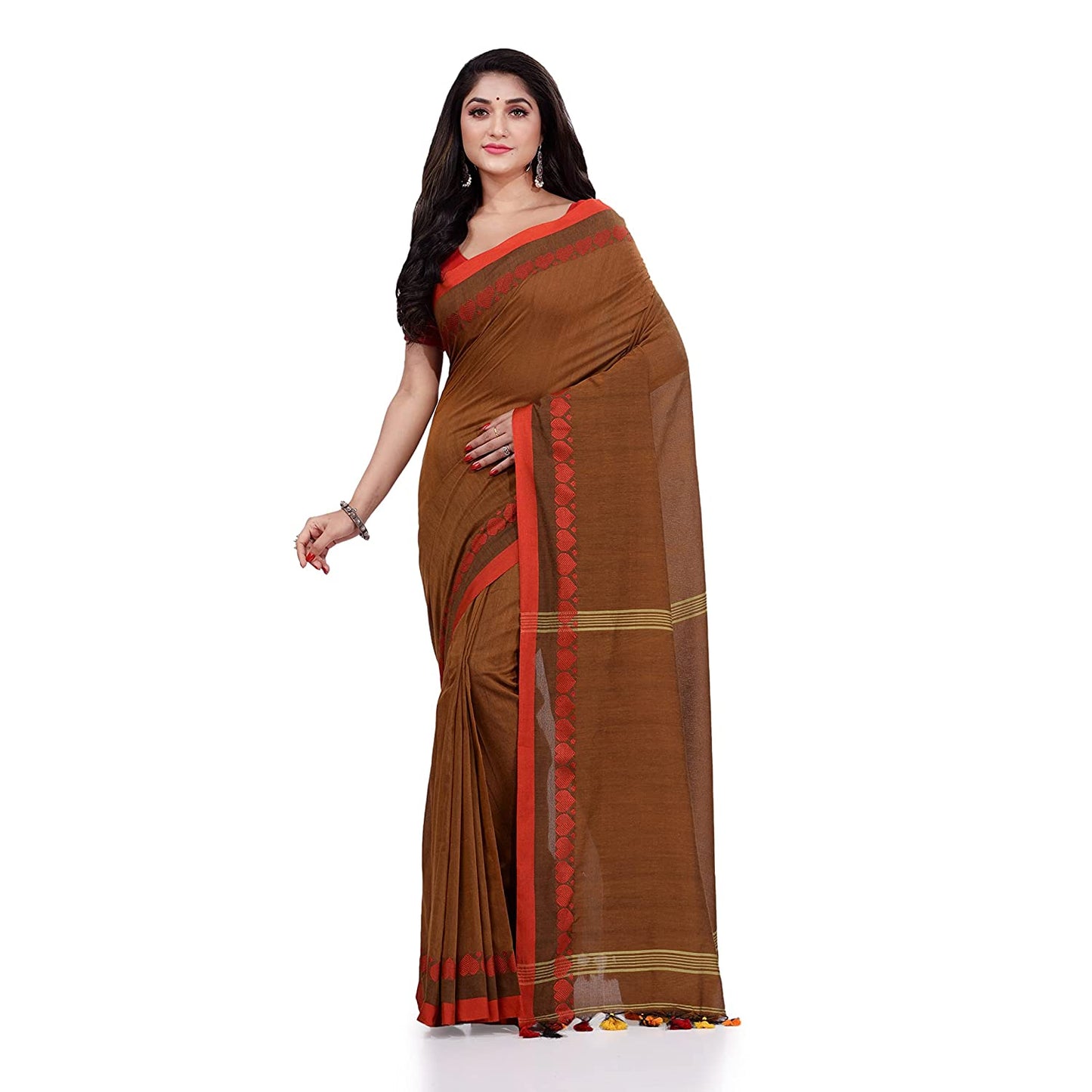 Women's Handspun Cotton Brown Handloom Tangail Saree