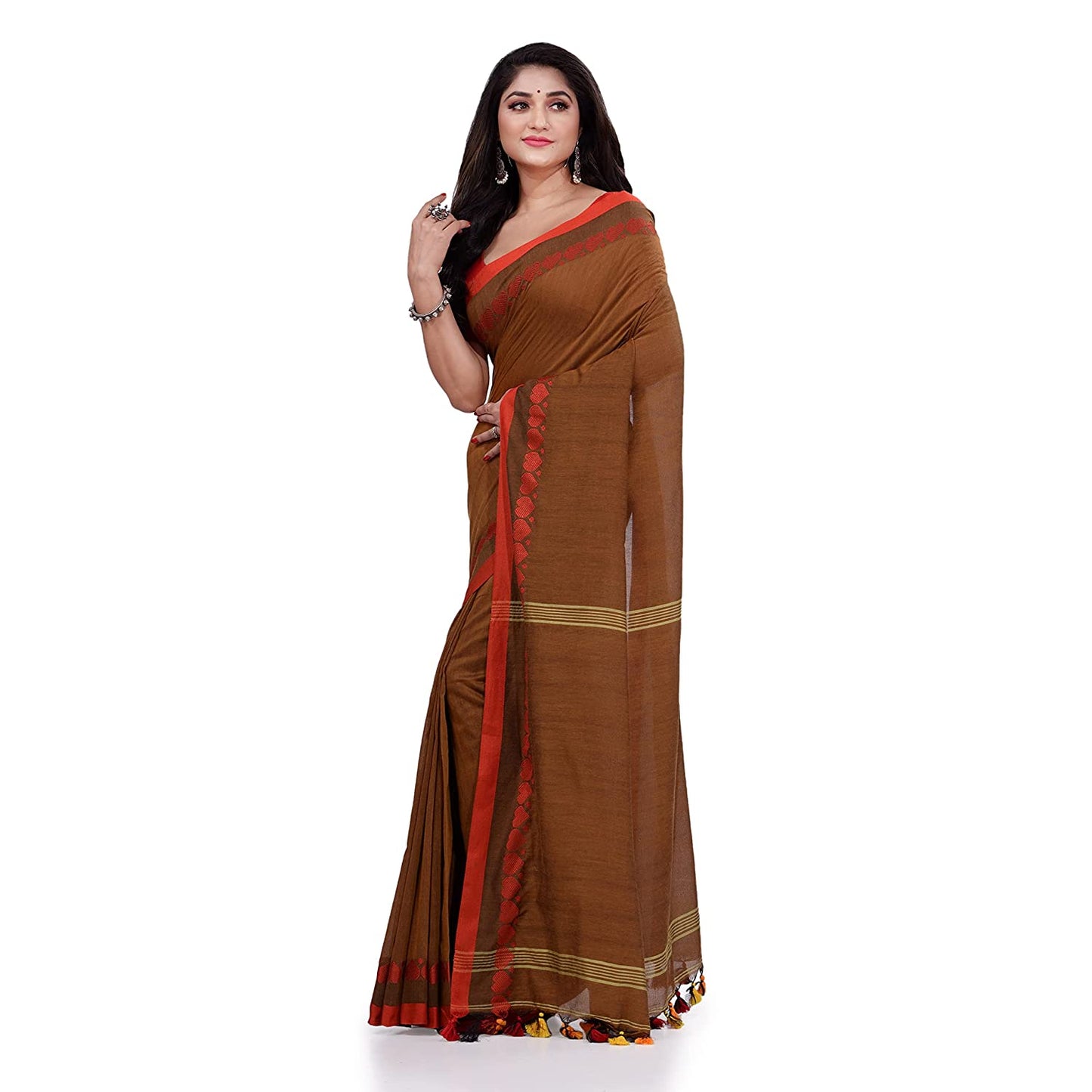 Women's Handspun Cotton Brown Handloom Tangail Saree