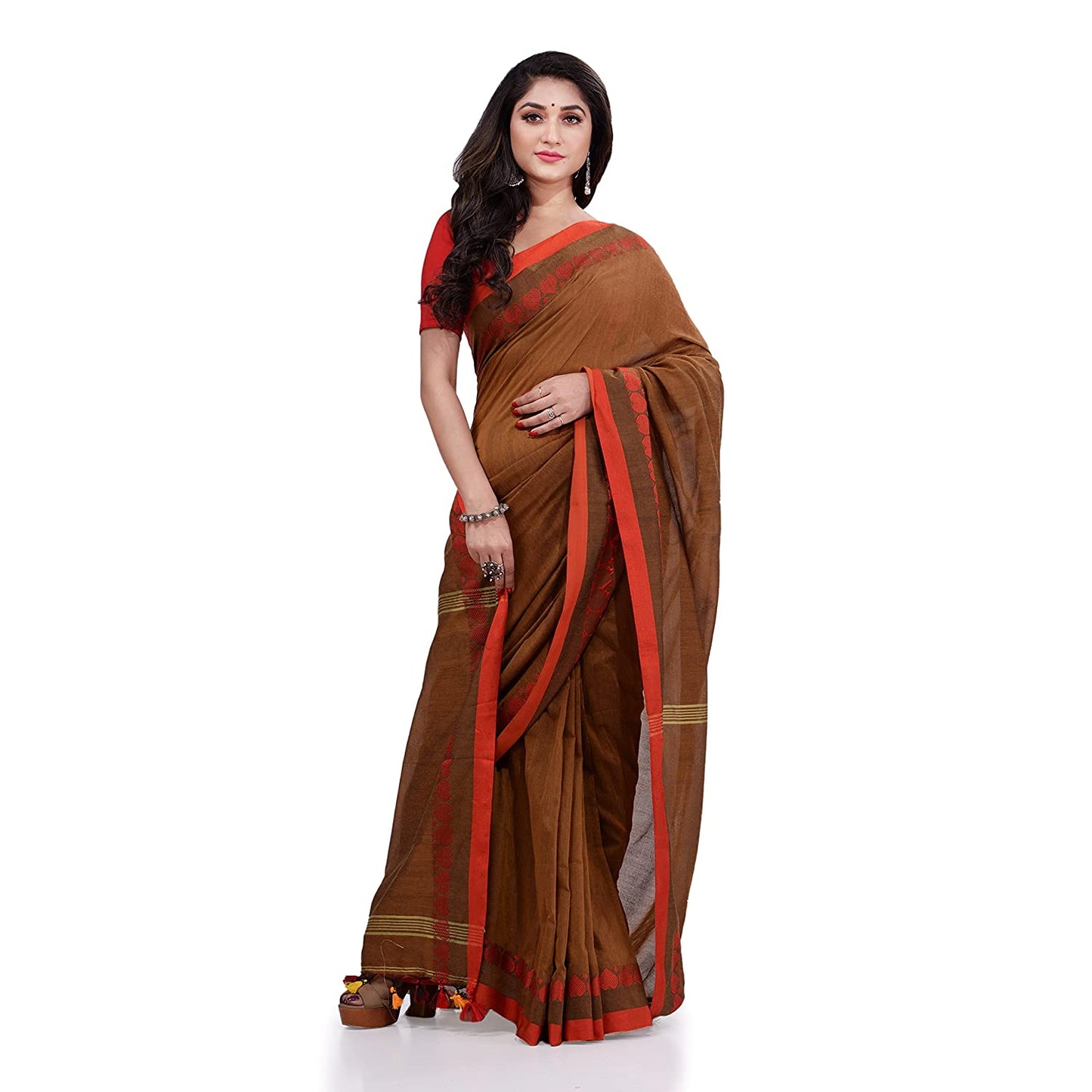 Women's Handspun Cotton Brown Handloom Tangail Saree
