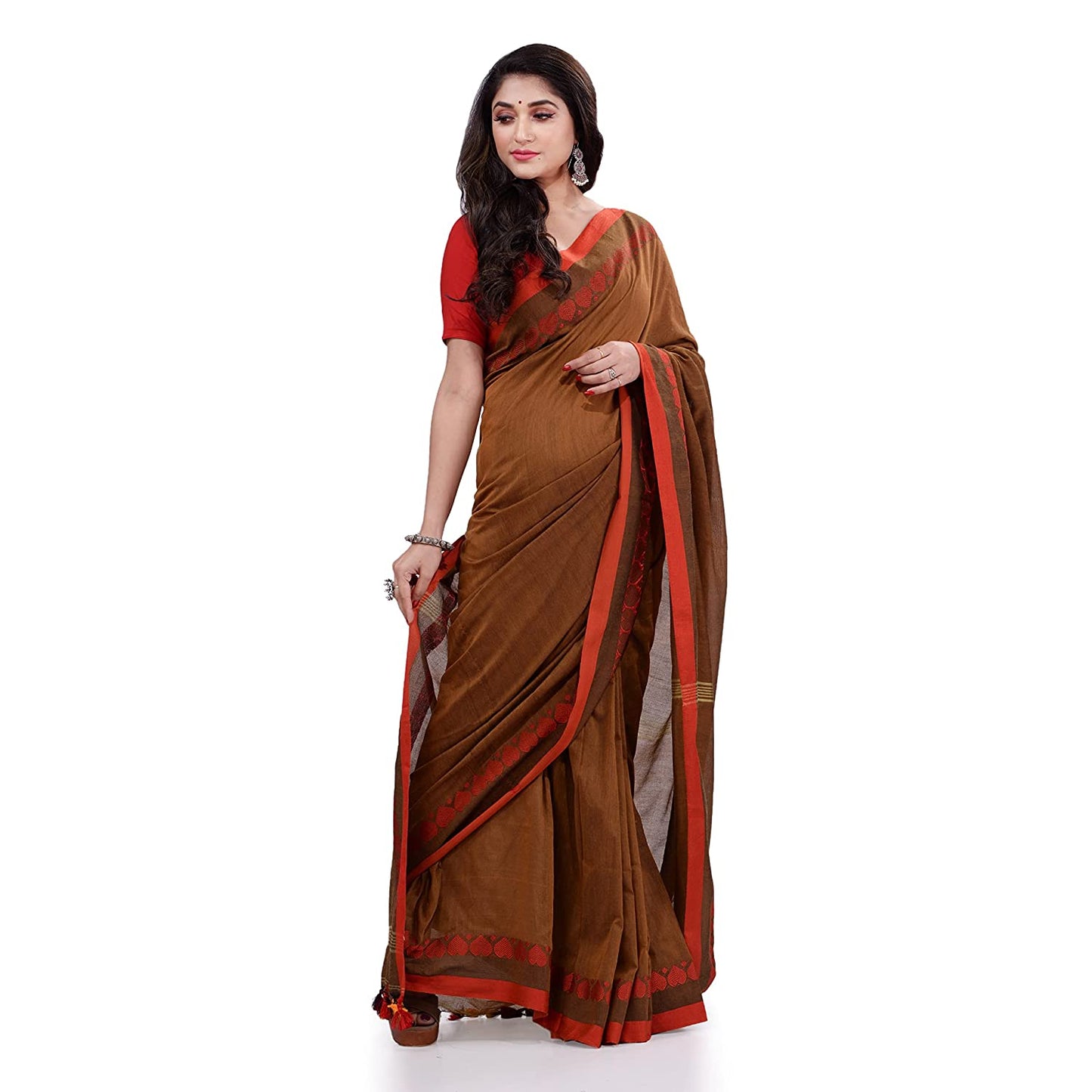 Women's Handspun Cotton Brown Handloom Tangail Saree