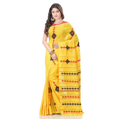 Women's Handspun Cotton Yellow Handloom Applique Saree