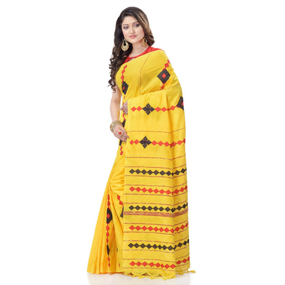 Women's Handspun Cotton Yellow Handloom Applique Saree