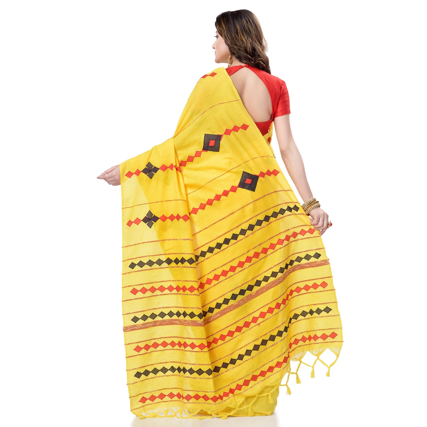 Women's Handspun Cotton Yellow Handloom Applique Saree