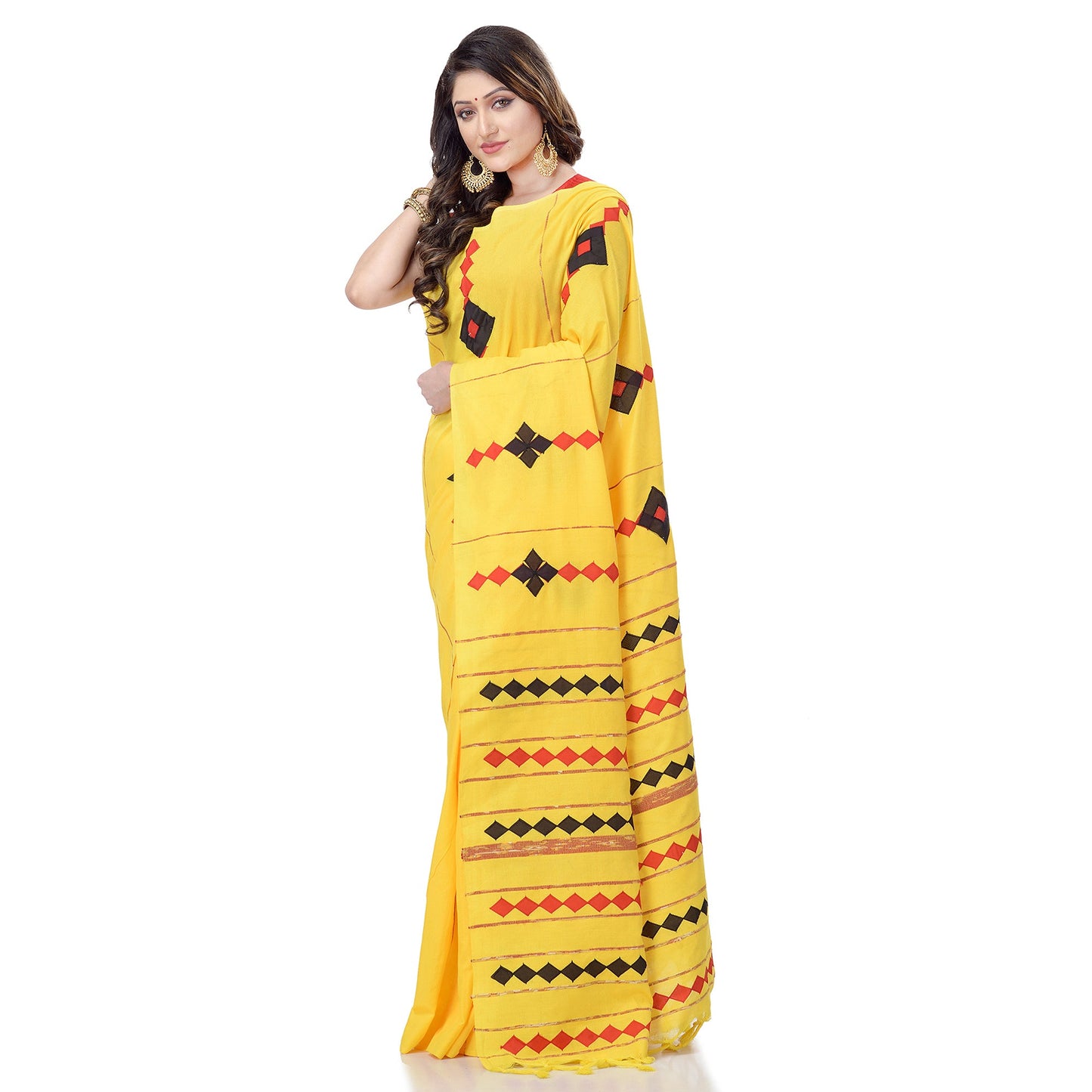Women's Handspun Cotton Yellow Handloom Applique Saree