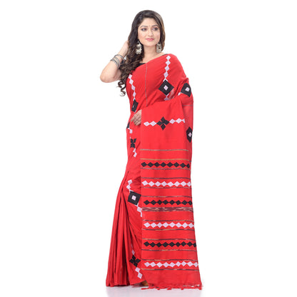 Women's Handspun Cotton Red Handloom Applique Saree