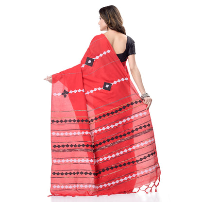 Women's Handspun Cotton Red Handloom Applique Saree