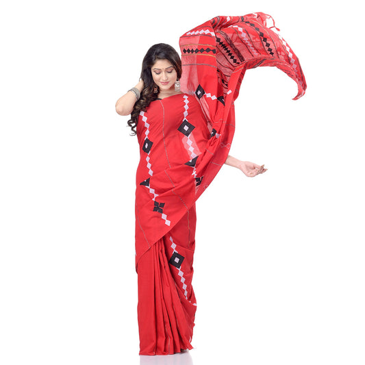Women's Handspun Cotton Red Handloom Applique Saree