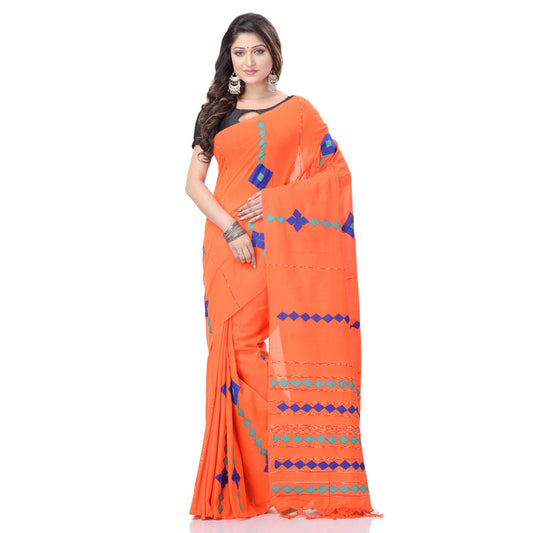 Women's Handspun Cotton Orange Handloom Applique Saree