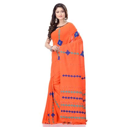 Women's Handspun Cotton Orange Handloom Applique Saree