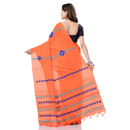 Women's Handspun Cotton Orange Handloom Applique Saree